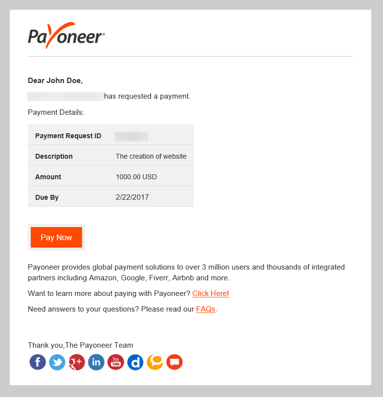 e-mail от Payoneer для оплаты запрошенного платежа